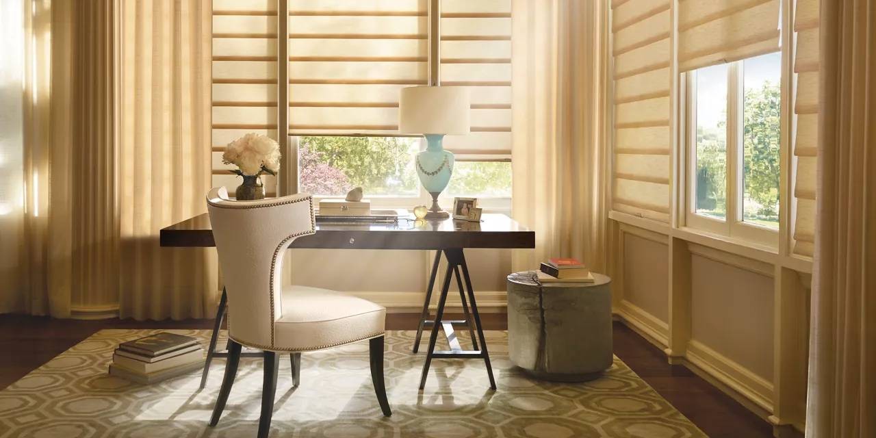 Hunter Douglas Vignette® Roman Shades with custom drapes near Stoneham, Massachusetts (MA)